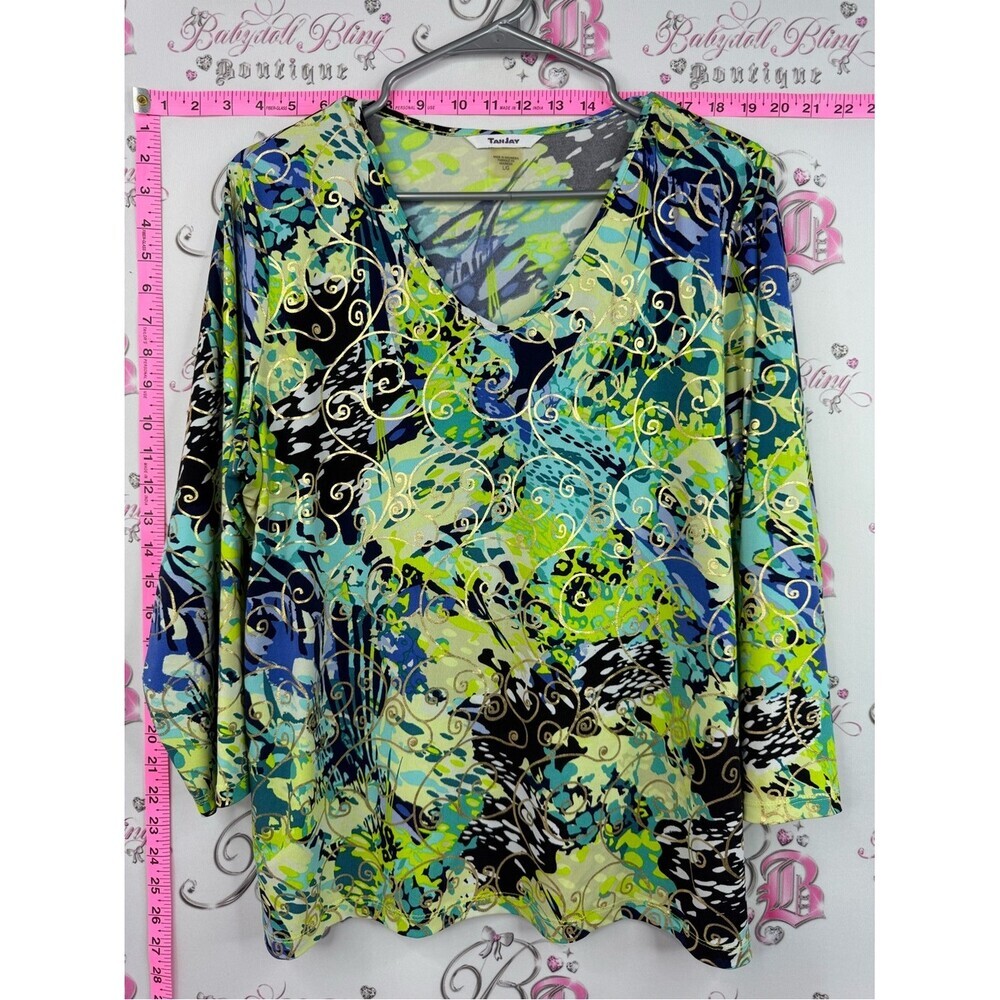 Tan jay top V-Neck Women's Printed Knit Top in Blue & Green